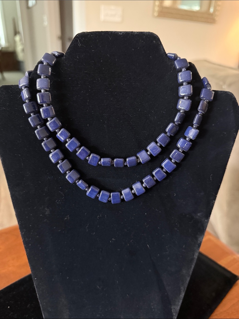 Vintage Navy Blue Cube Bead Necklace – Artisan Style-Single or Double strand